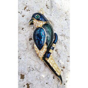 Vintage Jeweled Bird Brooch Pin - Gold Tone Blue & Green Enamel Rhinestones